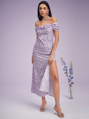 Floral Print Slit Off Shoulder Short Sleeve Dress