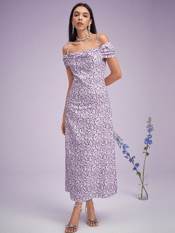 Floral Print Slit Off Shoulder Short Sleeve Dress