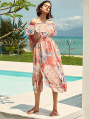 Floral Print Smocked Ruffle Slit Bohemian Dress