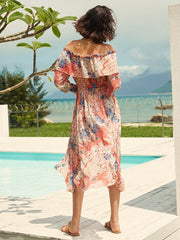 Floral Print Smocked Ruffle Slit Bohemian Dress