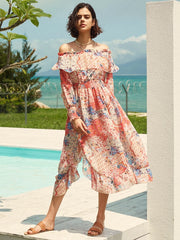 Floral Print Smocked Ruffle Slit Bohemian Dress