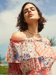 Floral Print Smocked Ruffle Slit Bohemian Dress