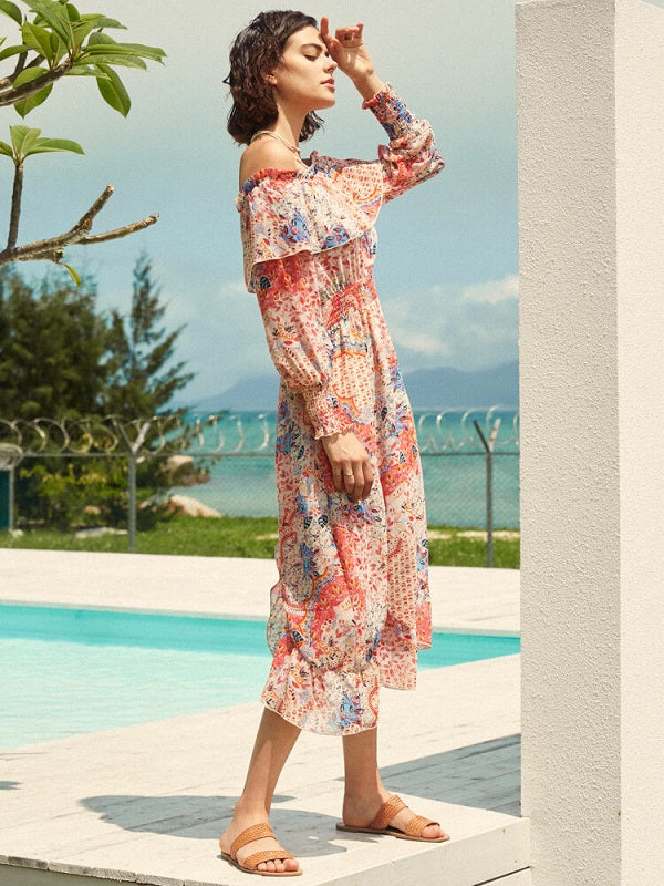 Floral Print Smocked Ruffle Slit Bohemian Dress