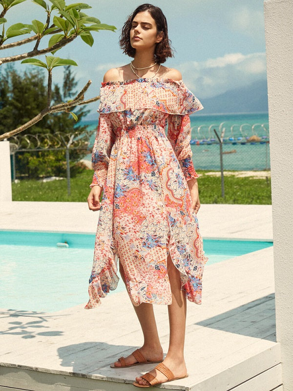 Floral Print Smocked Ruffle Slit Bohemian Dress