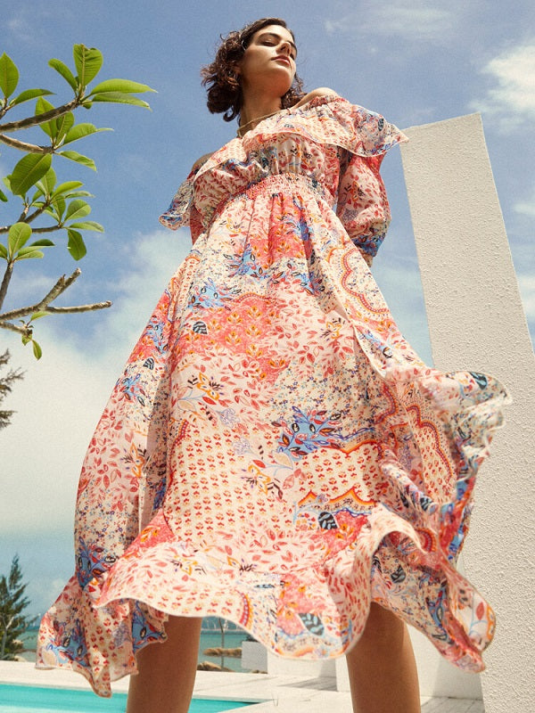 Floral Print Smocked Ruffle Slit Bohemian Dress