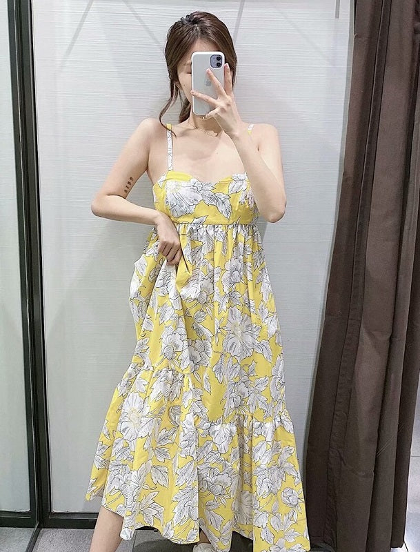 Floral Print Spaghetti Strap Beach Knee Length Dress