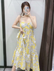 Floral Print Spaghetti Strap Beach Knee Length Dress