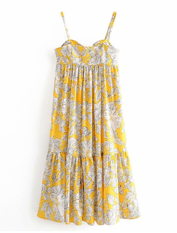 Floral Print Spaghetti Strap Beach Knee Length Dress