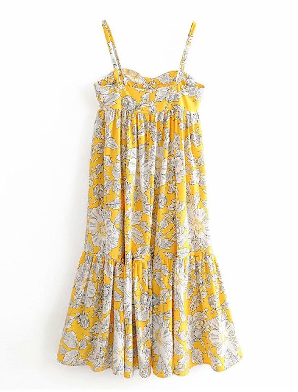 Floral Print Spaghetti Strap Beach Knee Length Dress