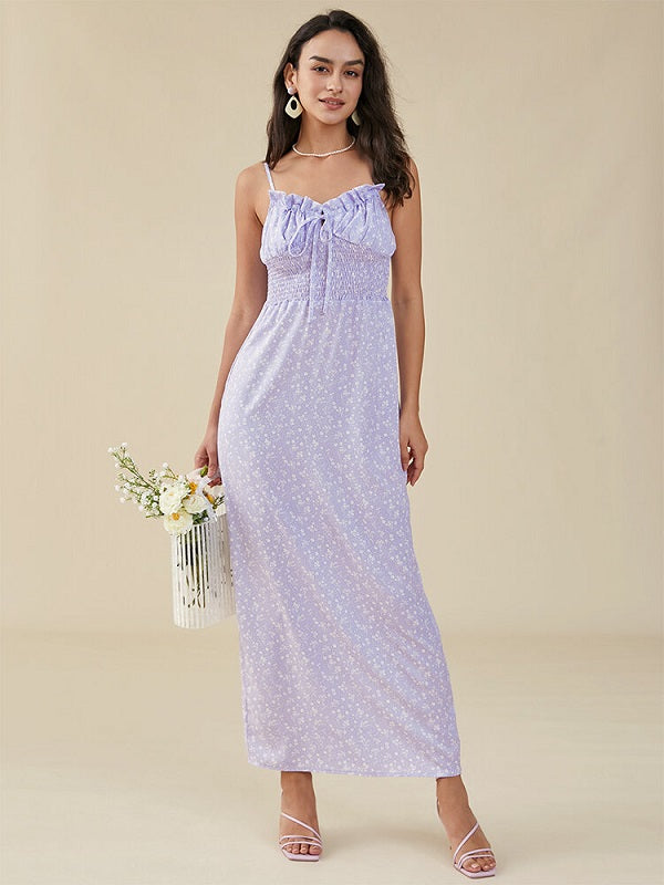 Floral Print Strap Tie Open Back Ruffle Trim Shirred Dress