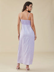 Floral Print Strap Tie Open Back Ruffle Trim Shirred Dress