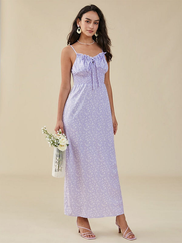 Floral Print Strap Tie Open Back Ruffle Trim Shirred Dress
