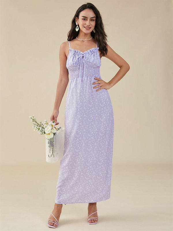 Floral Print Strap Tie Open Back Ruffle Trim Shirred Dress