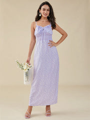 Floral Print Strap Tie Open Back Ruffle Trim Shirred Dress
