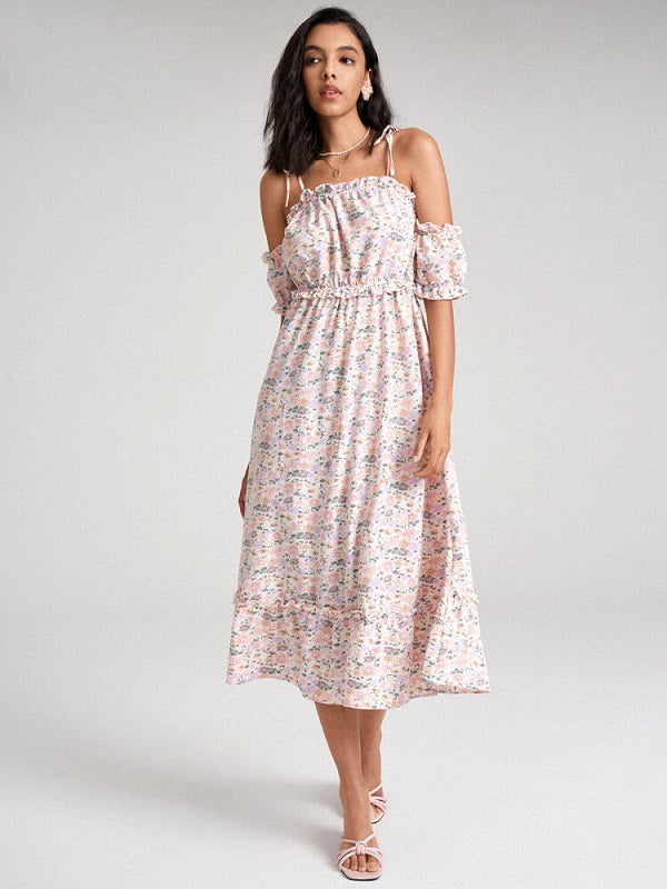 Floral Print Tie Shoulder Strap Lettuce Edge Open Back Dress