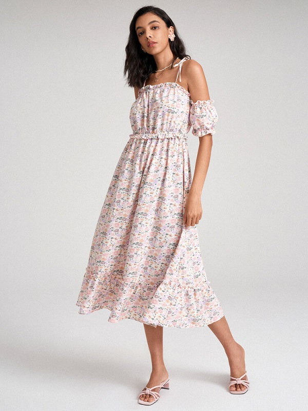 Floral Print Tie Shoulder Strap Lettuce Edge Open Back Dress