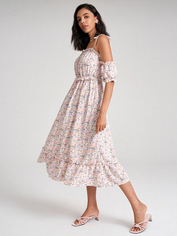 Floral Print Tie Shoulder Strap Lettuce Edge Open Back Dress