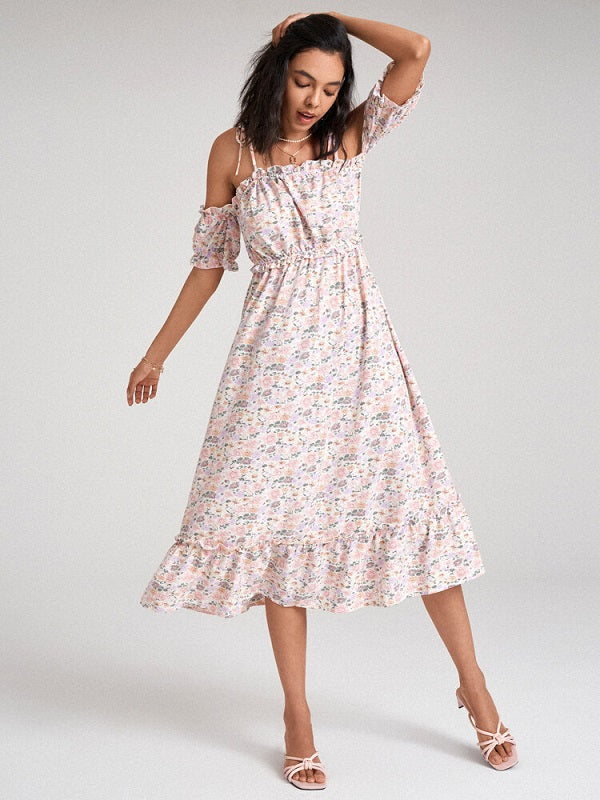 Floral Print Tie Shoulder Strap Lettuce Edge Open Back Dress