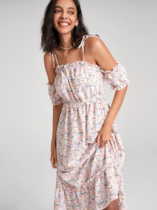 Floral Print Tie Shoulder Strap Lettuce Edge Open Back Dress