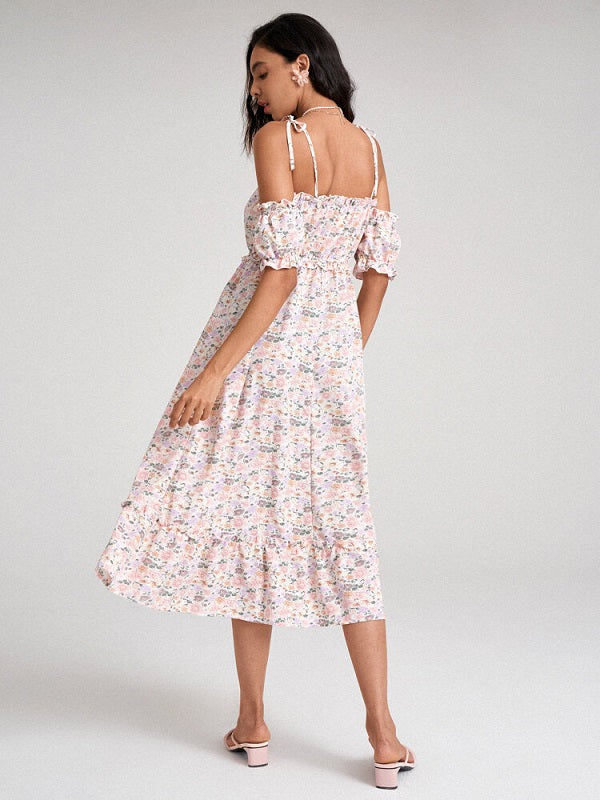 Floral Print Tie Shoulder Strap Lettuce Edge Open Back Dress