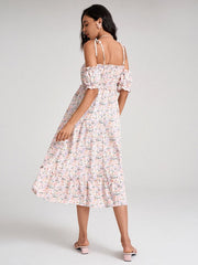 Floral Print Tie Shoulder Strap Lettuce Edge Open Back Dress