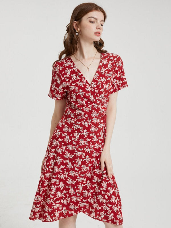 Floral Print Tie V-neck Short Sleeve Dress