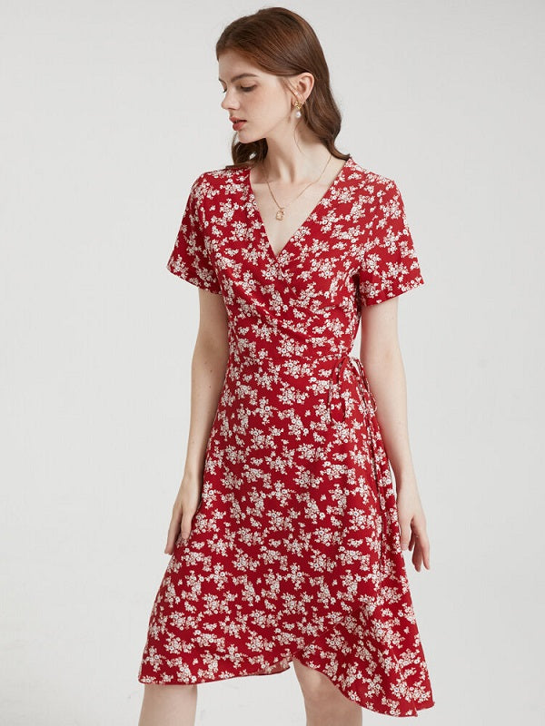 Floral Print Tie V-neck Short Sleeve Dress