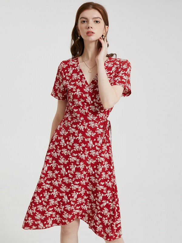 Floral Print Tie V-neck Short Sleeve Dress