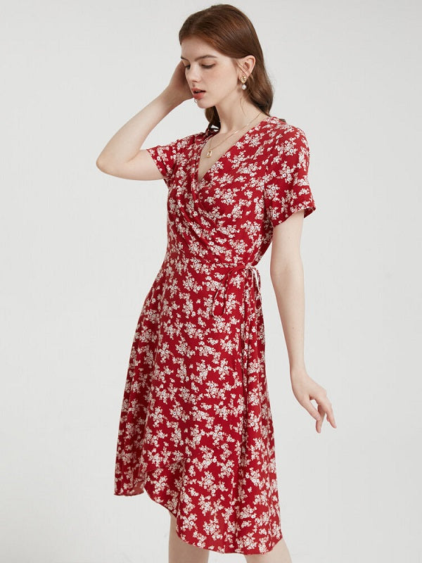 Floral Print Tie V-neck Short Sleeve Dress