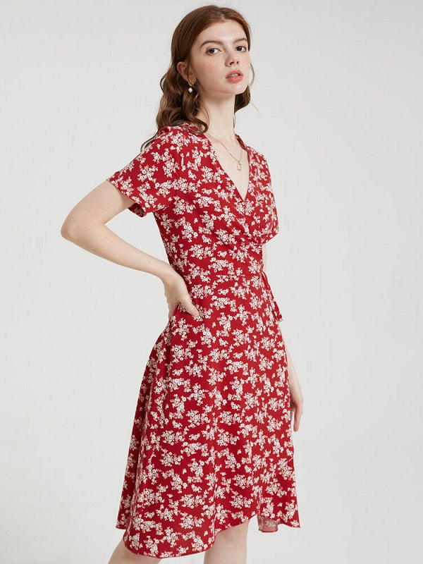Floral Print Tie V-neck Short Sleeve Dress