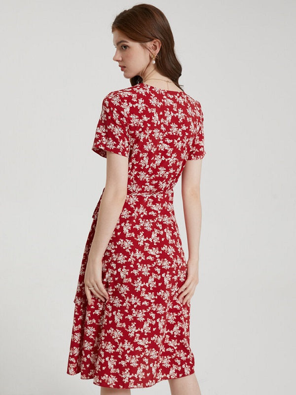 Floral Print Tie V-neck Short Sleeve Dress