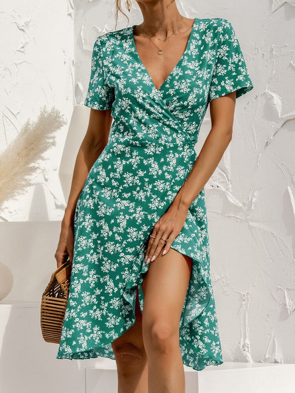 Floral Print Tie V-neck Short Sleeve Dress