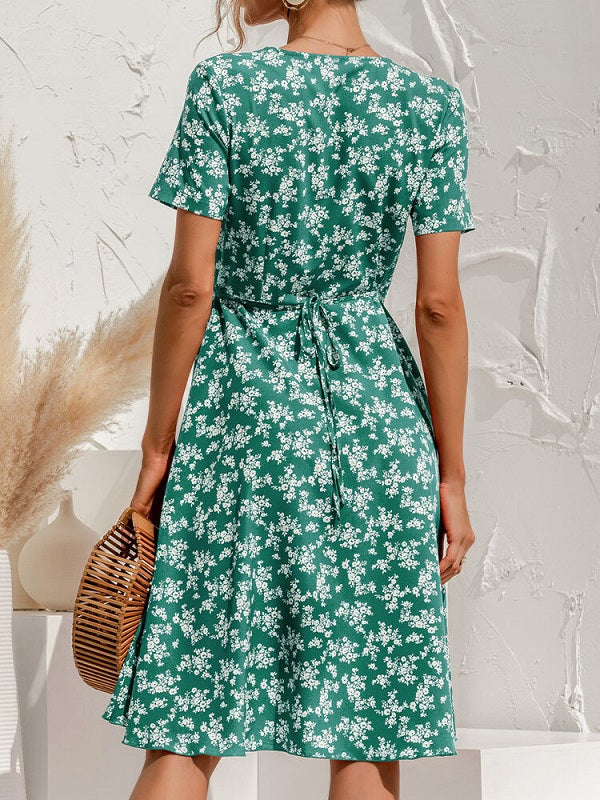 Floral Print Tie V-neck Short Sleeve Dress