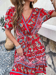 Floral Print Tie-up Lettuce Edge V-neck Bohemian Dress