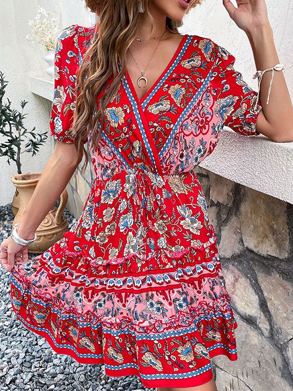 Floral Print Tie-up Lettuce Edge V-neck Bohemian Dress