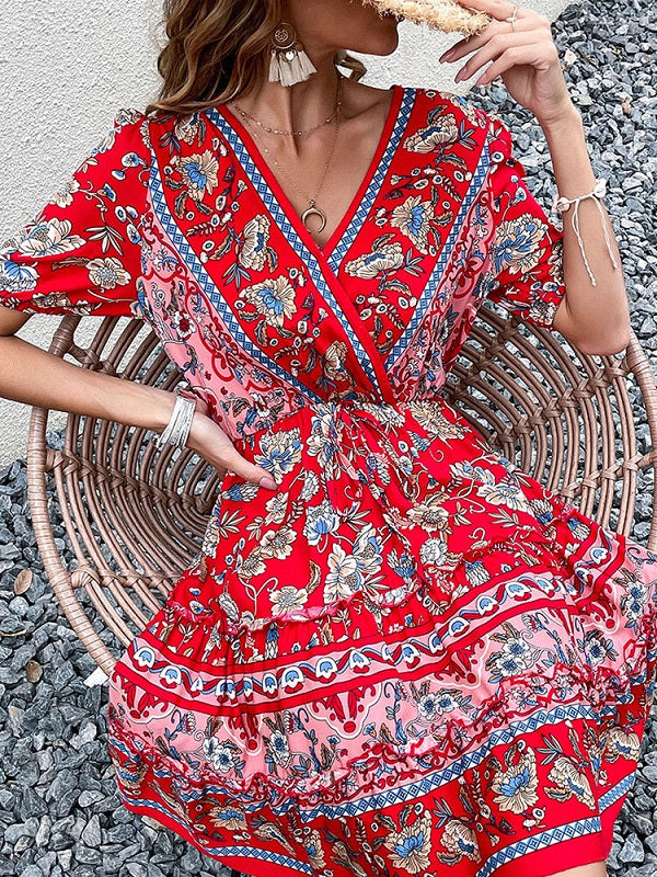 Floral Print Tie-up Lettuce Edge V-neck Bohemian Dress