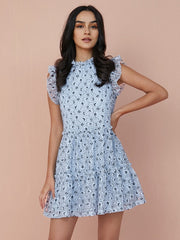Floral Print Tiered Lace Ruffle Sleeve Midi Dress
