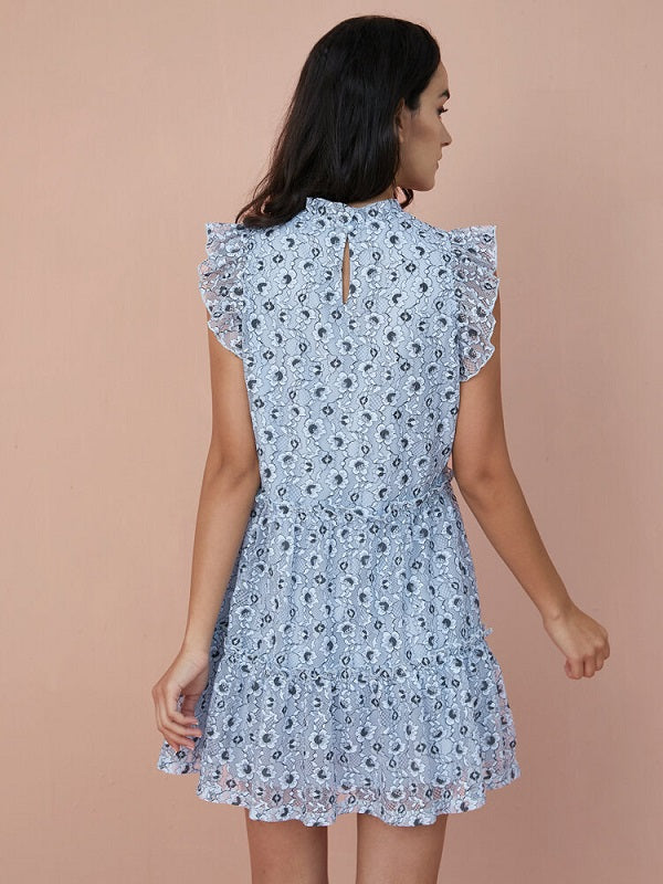 Floral Print Tiered Lace Ruffle Sleeve Midi Dress