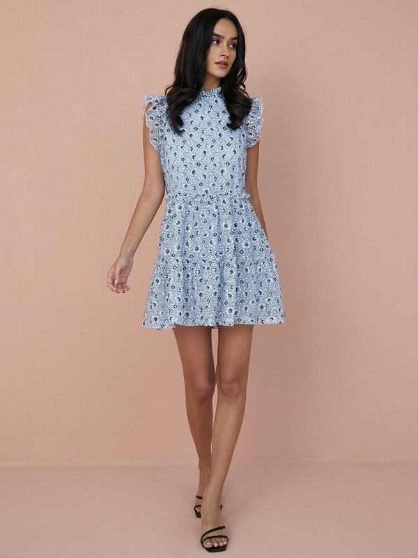 Floral Print Tiered Lace Ruffle Sleeve Midi Dress