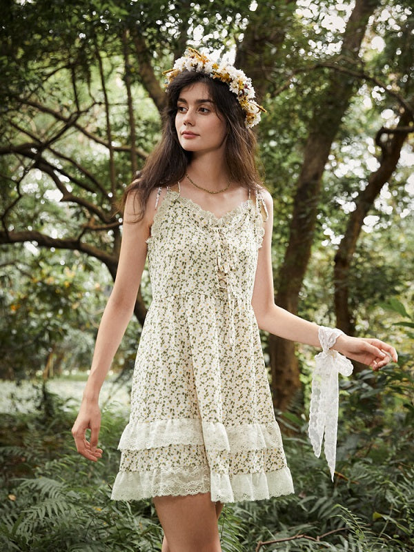 Floral Print Tiered Tie Shoulder Strap Lace Trim Dress