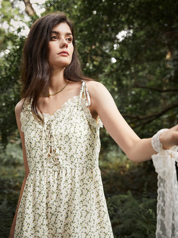 Floral Print Tiered Tie Shoulder Strap Lace Trim Dress