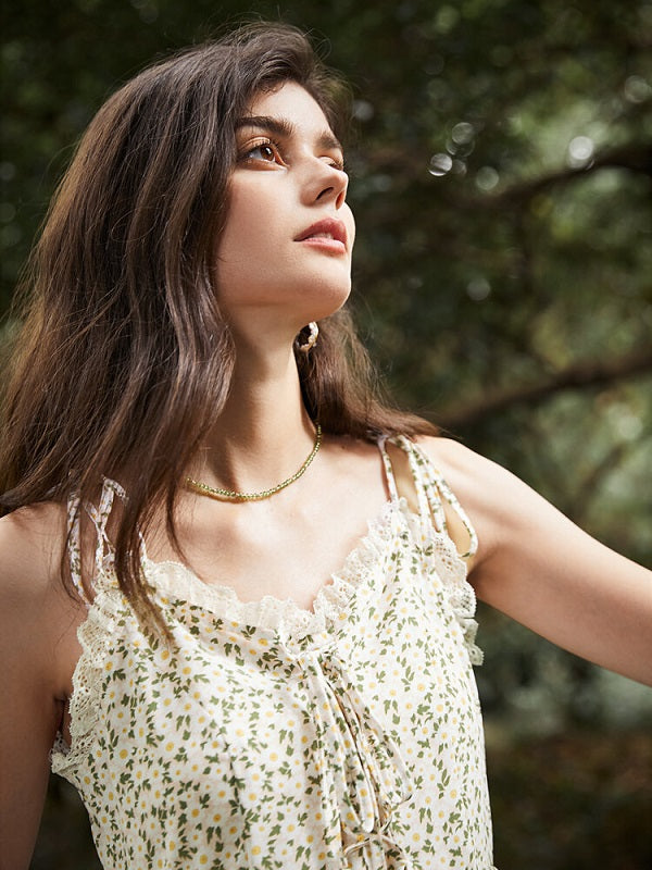 Floral Print Tiered Tie Shoulder Strap Lace Trim Dress
