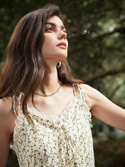 Floral Print Tiered Tie Shoulder Strap Lace Trim Dress