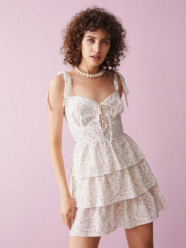 Floral Print Tiered Tie Strap Back Smocked Mini Dress