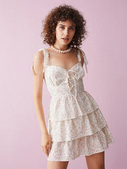Floral Print Tiered Tie Strap Back Smocked Mini Dress