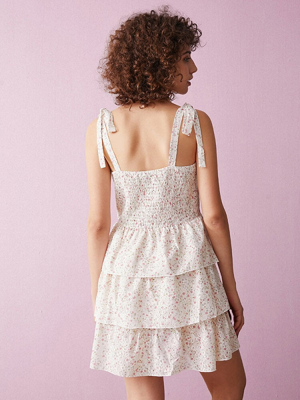 Floral Print Tiered Tie Strap Back Smocked Mini Dress