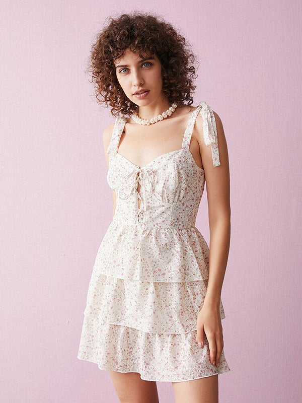 Floral Print Tiered Tie Strap Back Smocked Mini Dress