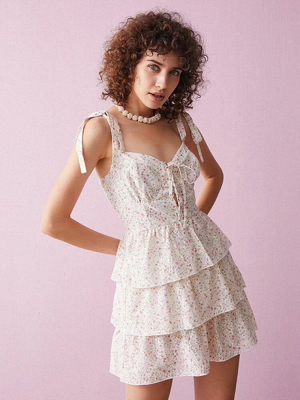 Floral Print Tiered Tie Strap Back Smocked Mini Dress
