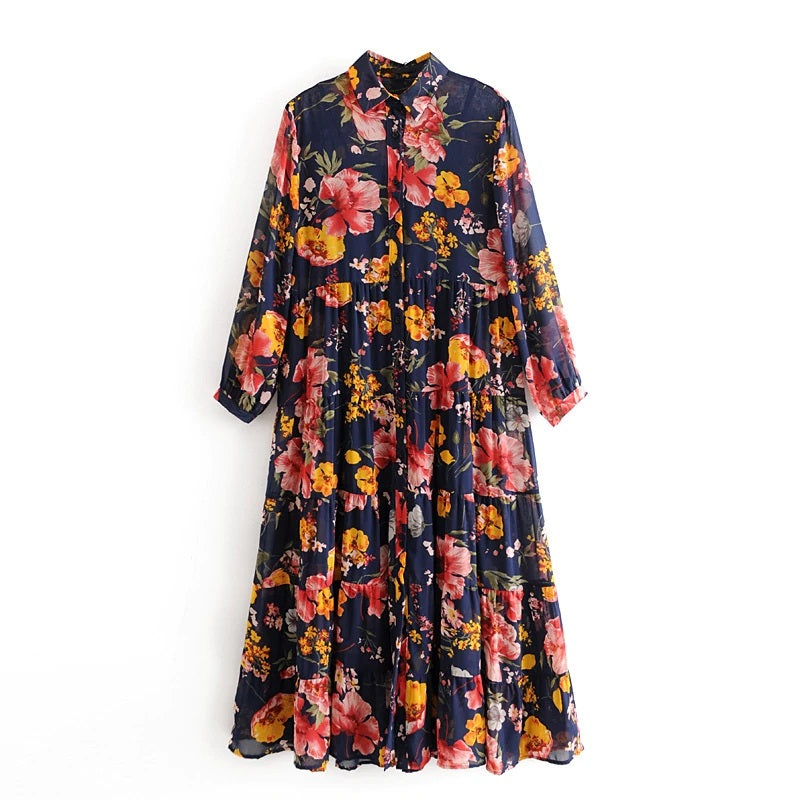 Floral Print Turn Down Collar Shirt Dress