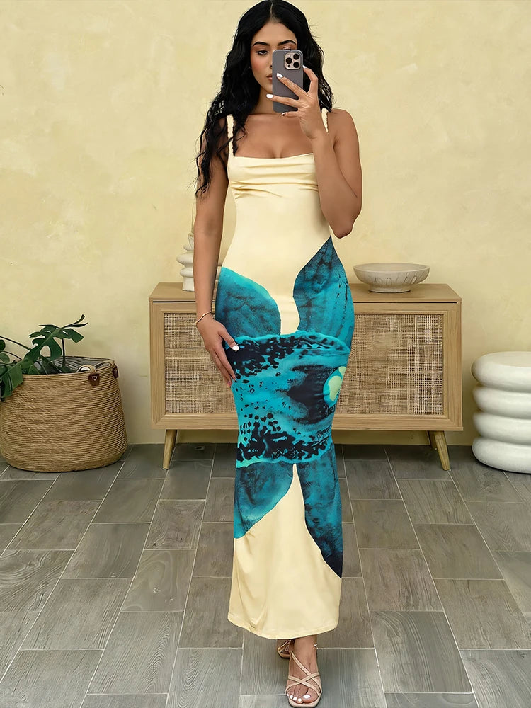 Floral Print Twist Shoulder Straps Backless Skinny Stretch Vestidos Maxi Dress